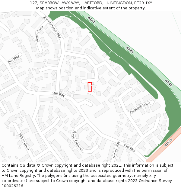 127, SPARROWHAWK WAY, HARTFORD, HUNTINGDON, PE29 1XY: Location map and indicative extent of plot