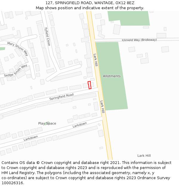 127, SPRINGFIELD ROAD, WANTAGE, OX12 8EZ: Location map and indicative extent of plot