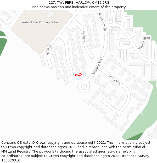 127, TAYLIFERS, HARLOW, CM19 5RG: Location map and indicative extent of plot
