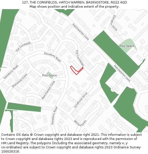 127, THE CORNFIELDS, HATCH WARREN, BASINGSTOKE, RG22 4QD: Location map and indicative extent of plot