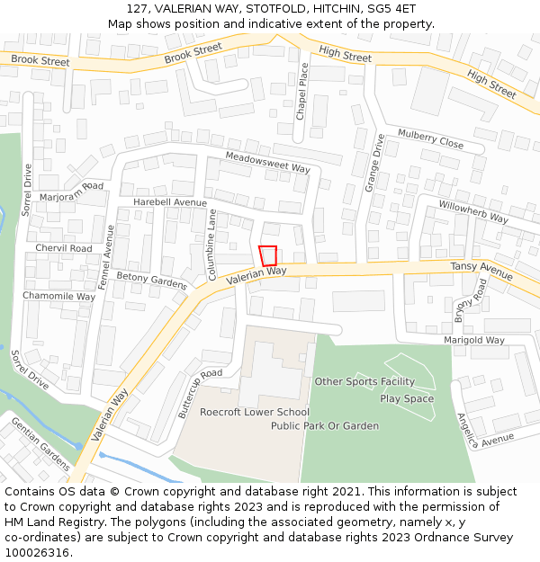 127, VALERIAN WAY, STOTFOLD, HITCHIN, SG5 4ET: Location map and indicative extent of plot