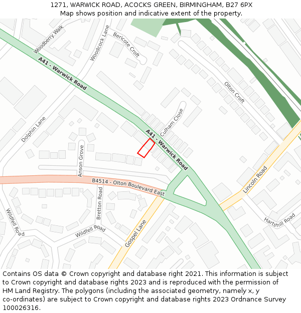 1271, WARWICK ROAD, ACOCKS GREEN, BIRMINGHAM, B27 6PX: Location map and indicative extent of plot