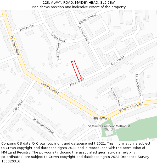 128, ALWYN ROAD, MAIDENHEAD, SL6 5EW: Location map and indicative extent of plot