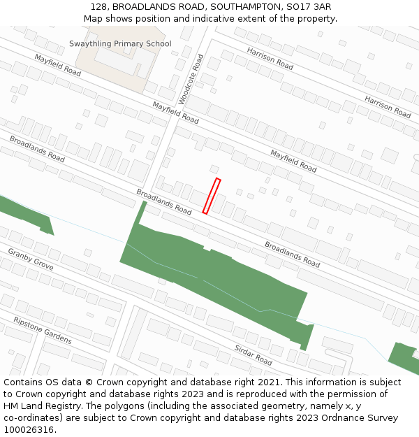 128, BROADLANDS ROAD, SOUTHAMPTON, SO17 3AR: Location map and indicative extent of plot