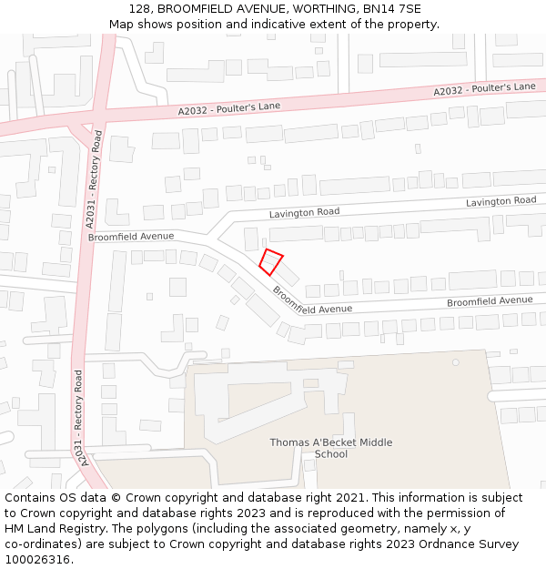 128, BROOMFIELD AVENUE, WORTHING, BN14 7SE: Location map and indicative extent of plot