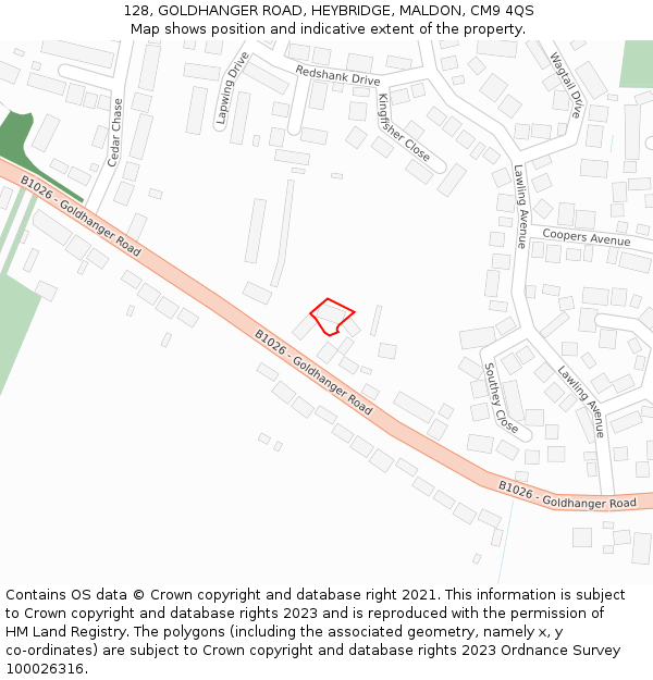 128, GOLDHANGER ROAD, HEYBRIDGE, MALDON, CM9 4QS: Location map and indicative extent of plot