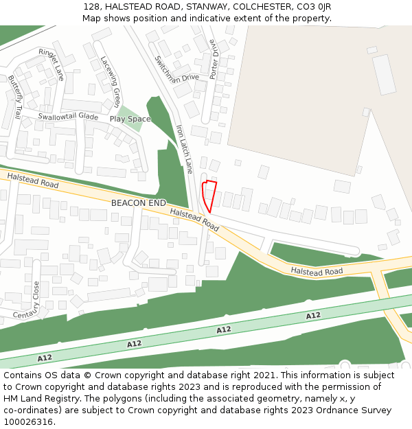 128, HALSTEAD ROAD, STANWAY, COLCHESTER, CO3 0JR: Location map and indicative extent of plot
