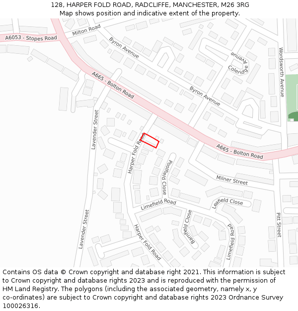 128, HARPER FOLD ROAD, RADCLIFFE, MANCHESTER, M26 3RG: Location map and indicative extent of plot