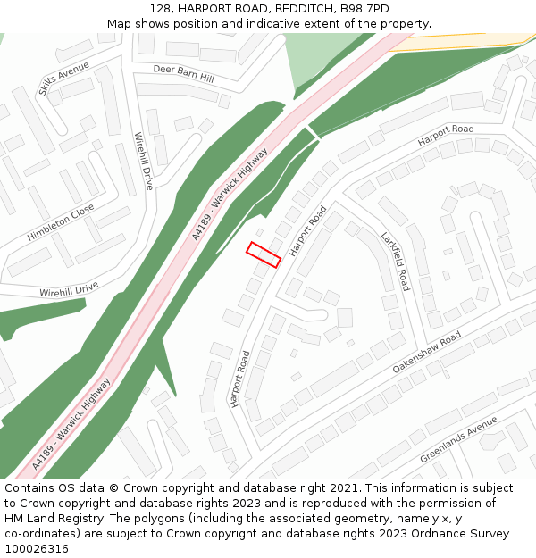 128, HARPORT ROAD, REDDITCH, B98 7PD: Location map and indicative extent of plot
