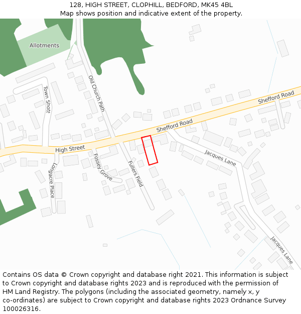 128, HIGH STREET, CLOPHILL, BEDFORD, MK45 4BL: Location map and indicative extent of plot