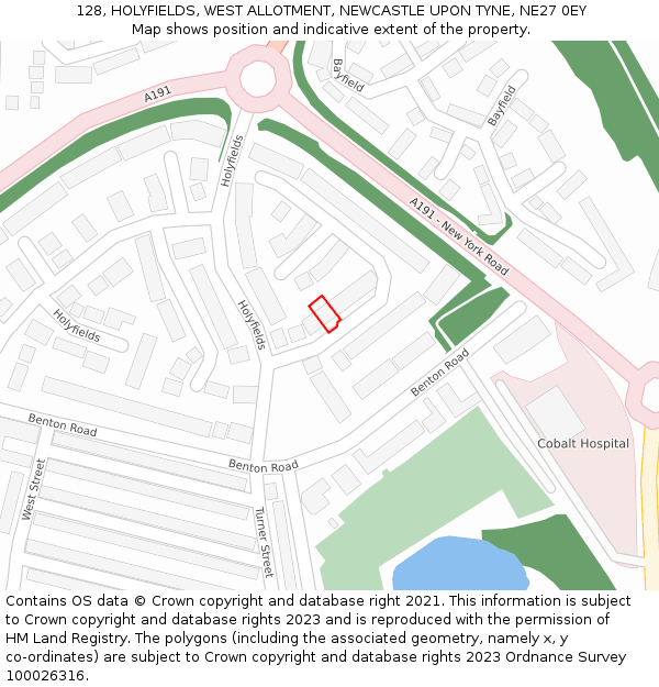 128, HOLYFIELDS, WEST ALLOTMENT, NEWCASTLE UPON TYNE, NE27 0EY: Location map and indicative extent of plot