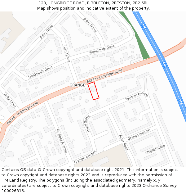 128, LONGRIDGE ROAD, RIBBLETON, PRESTON, PR2 6RL: Location map and indicative extent of plot