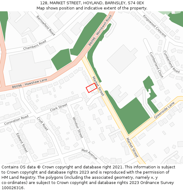 128, MARKET STREET, HOYLAND, BARNSLEY, S74 0EX: Location map and indicative extent of plot