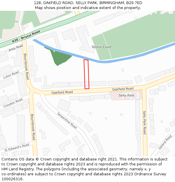 128, OAKFIELD ROAD, SELLY PARK, BIRMINGHAM, B29 7ED: Location map and indicative extent of plot