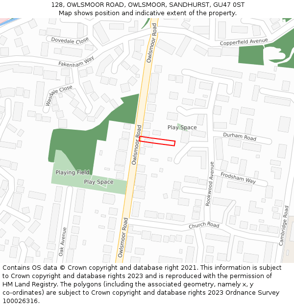 128, OWLSMOOR ROAD, OWLSMOOR, SANDHURST, GU47 0ST: Location map and indicative extent of plot