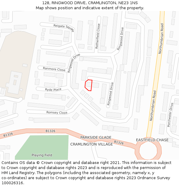 128, RINGWOOD DRIVE, CRAMLINGTON, NE23 1NS: Location map and indicative extent of plot