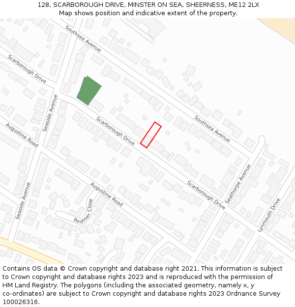 128, SCARBOROUGH DRIVE, MINSTER ON SEA, SHEERNESS, ME12 2LX: Location map and indicative extent of plot