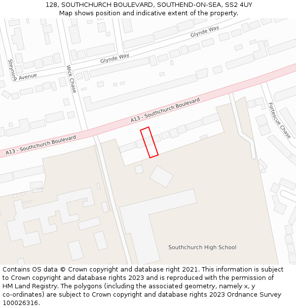 128, SOUTHCHURCH BOULEVARD, SOUTHEND-ON-SEA, SS2 4UY: Location map and indicative extent of plot