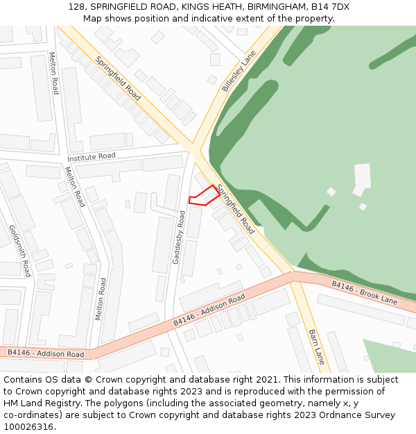128, SPRINGFIELD ROAD, KINGS HEATH, BIRMINGHAM, B14 7DX: Location map and indicative extent of plot