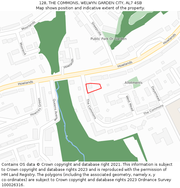 128, THE COMMONS, WELWYN GARDEN CITY, AL7 4SB: Location map and indicative extent of plot