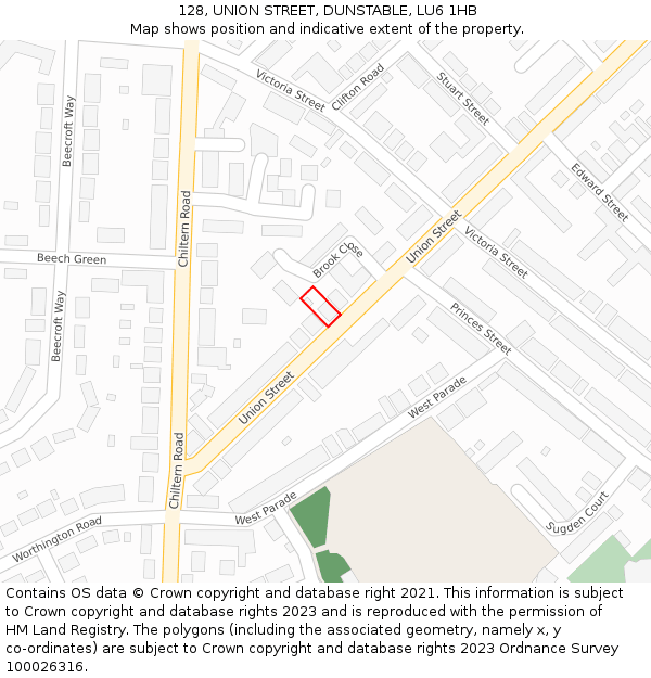 128, UNION STREET, DUNSTABLE, LU6 1HB: Location map and indicative extent of plot