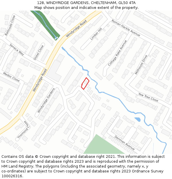 128, WINDYRIDGE GARDENS, CHELTENHAM, GL50 4TA: Location map and indicative extent of plot