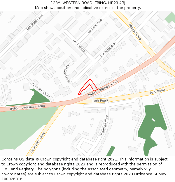 128A, WESTERN ROAD, TRING, HP23 4BJ: Location map and indicative extent of plot
