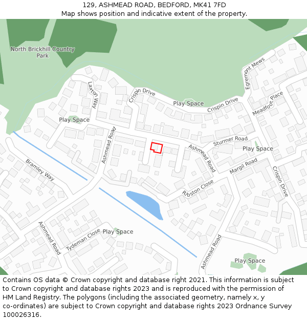 129, ASHMEAD ROAD, BEDFORD, MK41 7FD: Location map and indicative extent of plot