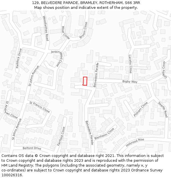 129, BELVEDERE PARADE, BRAMLEY, ROTHERHAM, S66 3RR: Location map and indicative extent of plot