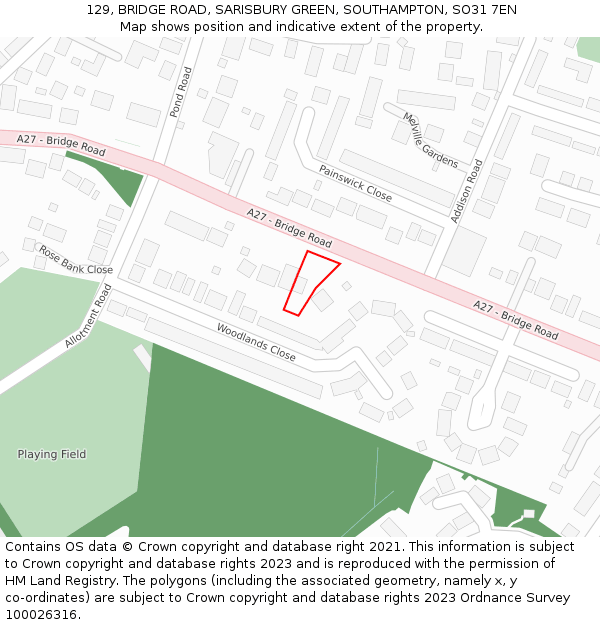 129, BRIDGE ROAD, SARISBURY GREEN, SOUTHAMPTON, SO31 7EN: Location map and indicative extent of plot