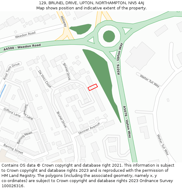129, BRUNEL DRIVE, UPTON, NORTHAMPTON, NN5 4AJ: Location map and indicative extent of plot