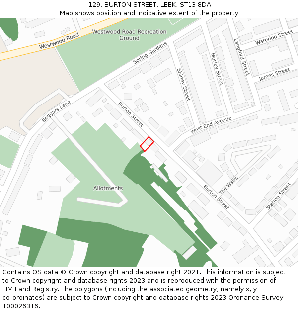 129, BURTON STREET, LEEK, ST13 8DA: Location map and indicative extent of plot