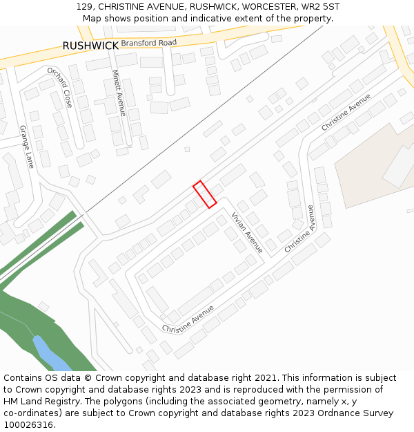 129, CHRISTINE AVENUE, RUSHWICK, WORCESTER, WR2 5ST: Location map and indicative extent of plot