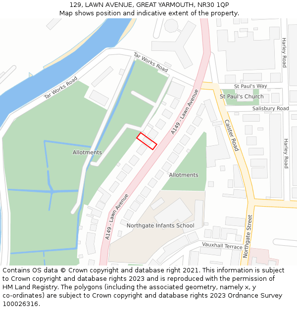 129, LAWN AVENUE, GREAT YARMOUTH, NR30 1QP: Location map and indicative extent of plot