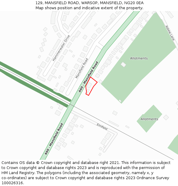 129, MANSFIELD ROAD, WARSOP, MANSFIELD, NG20 0EA: Location map and indicative extent of plot