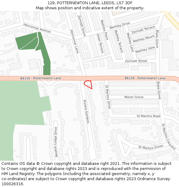 129, POTTERNEWTON LANE, LEEDS, LS7 3DF: Location map and indicative extent of plot