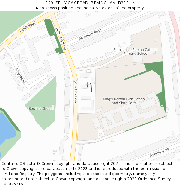 129, SELLY OAK ROAD, BIRMINGHAM, B30 1HN: Location map and indicative extent of plot