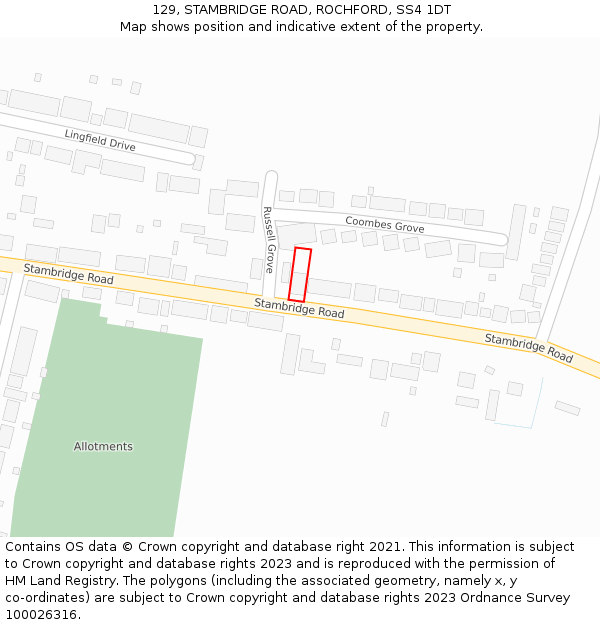 129, STAMBRIDGE ROAD, ROCHFORD, SS4 1DT: Location map and indicative extent of plot