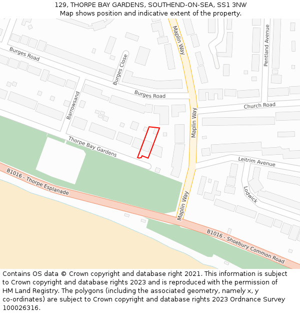 129, THORPE BAY GARDENS, SOUTHEND-ON-SEA, SS1 3NW: Location map and indicative extent of plot