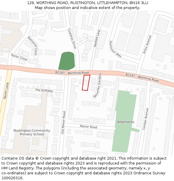 129, WORTHING ROAD, RUSTINGTON, LITTLEHAMPTON, BN16 3LU: Location map and indicative extent of plot