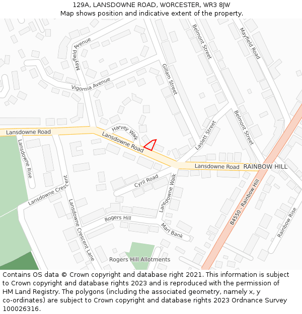 129A, LANSDOWNE ROAD, WORCESTER, WR3 8JW: Location map and indicative extent of plot