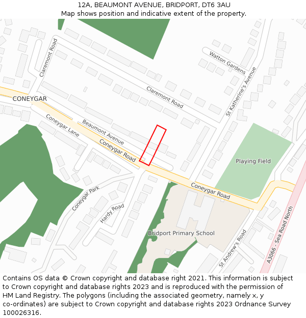 12A, BEAUMONT AVENUE, BRIDPORT, DT6 3AU: Location map and indicative extent of plot