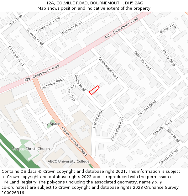 12A, COLVILLE ROAD, BOURNEMOUTH, BH5 2AG: Location map and indicative extent of plot