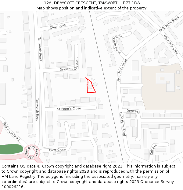 12A, DRAYCOTT CRESCENT, TAMWORTH, B77 1DA: Location map and indicative extent of plot