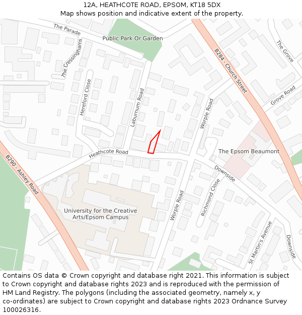 12A, HEATHCOTE ROAD, EPSOM, KT18 5DX: Location map and indicative extent of plot