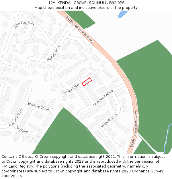 12A, KENDAL GROVE, SOLIHULL, B92 0PS: Location map and indicative extent of plot