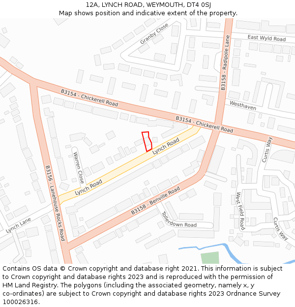 12A, LYNCH ROAD, WEYMOUTH, DT4 0SJ: Location map and indicative extent of plot