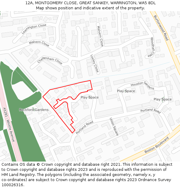 12A, MONTGOMERY CLOSE, GREAT SANKEY, WARRINGTON, WA5 8DL: Location map and indicative extent of plot