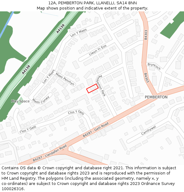 12A, PEMBERTON PARK, LLANELLI, SA14 8NN: Location map and indicative extent of plot