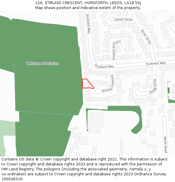 12A, STIRLING CRESCENT, HORSFORTH, LEEDS, LS18 5SJ: Location map and indicative extent of plot